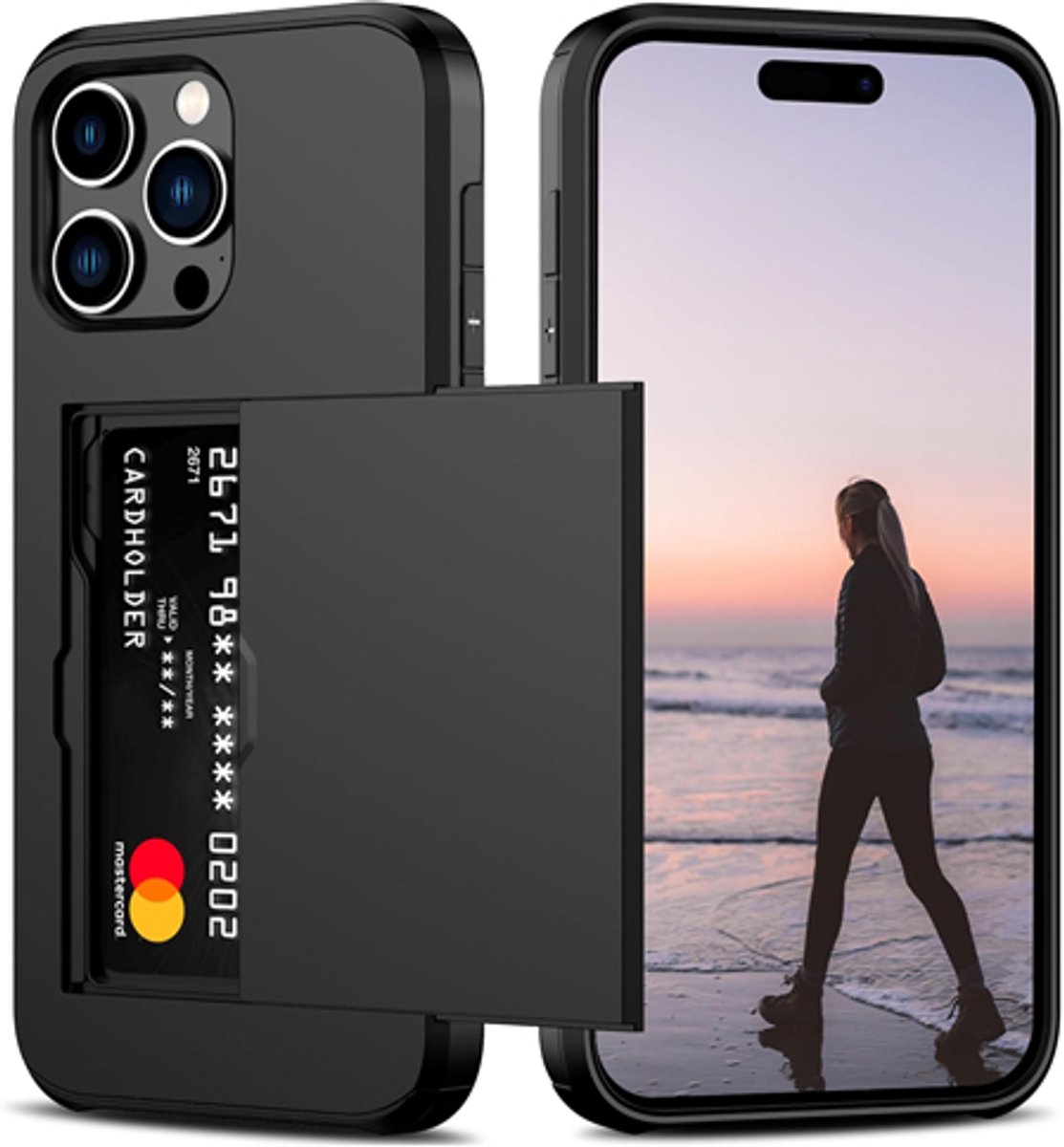 Back Cover Geschikt voor iPhone 15 Pro Max - Achterkantje met pashouder - Zwart - Ruimte voor 2 pasjes - Schokabsorberend