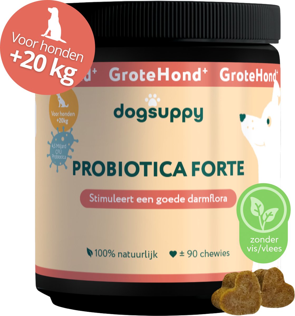 GroteHond⁺ Probiotica Forte - Zonder vlees - Ondersteunt Darmflora & Spijsvertering - 100% Natuurlijk - 90 snoepjes - Gras eten, Problemen met Ontlasting & Huidgevoeligheid - 4.5 miljard CFU Probiotica per snoepje - Voor Grote Honden +20kg