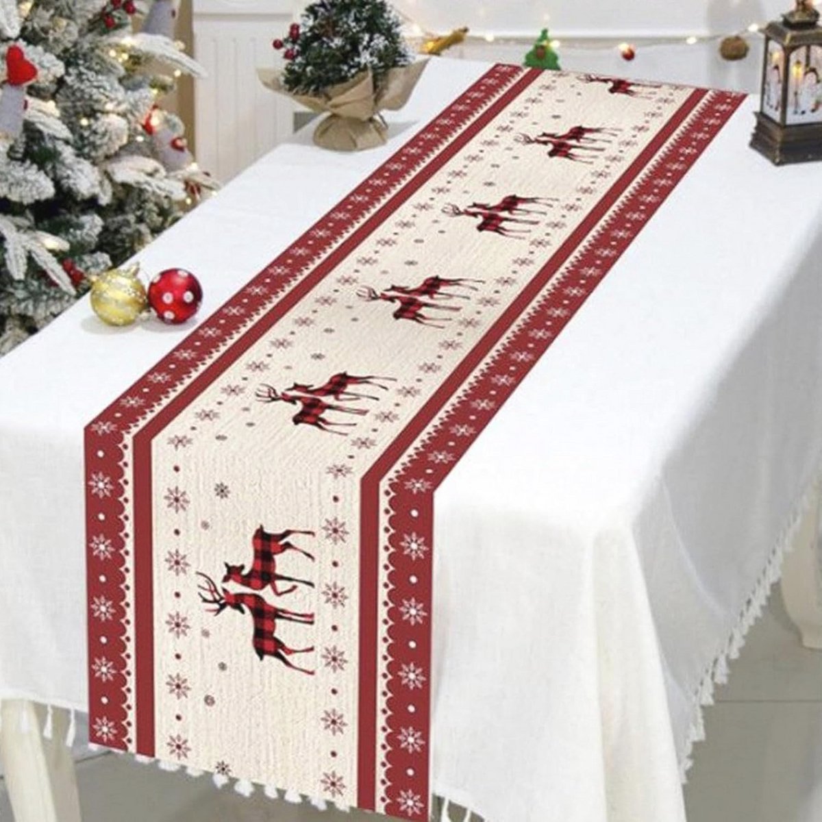 Tafelloper Kerstmis Rood met Elandmotief 32 x 180 cm - 2 Stuks