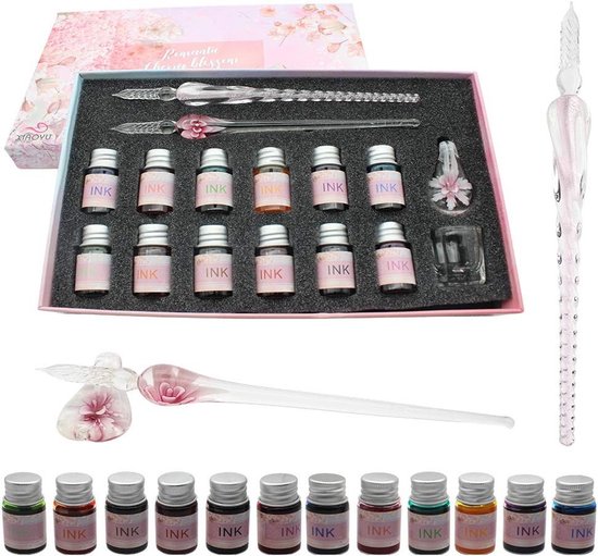 AOKUY Glazen pen set kalligrafie dip pennen, 12 kleurrijke inkten, caligrafie sets voor kunst, schrijven, handtekening, decoratie, cadeau AOKUY Glazen pen set kalligrafie dip pennen, 12 kleurrijke inkten, caligrafie sets voor kunst, schrijven, handtekening, decoratie, cadeau