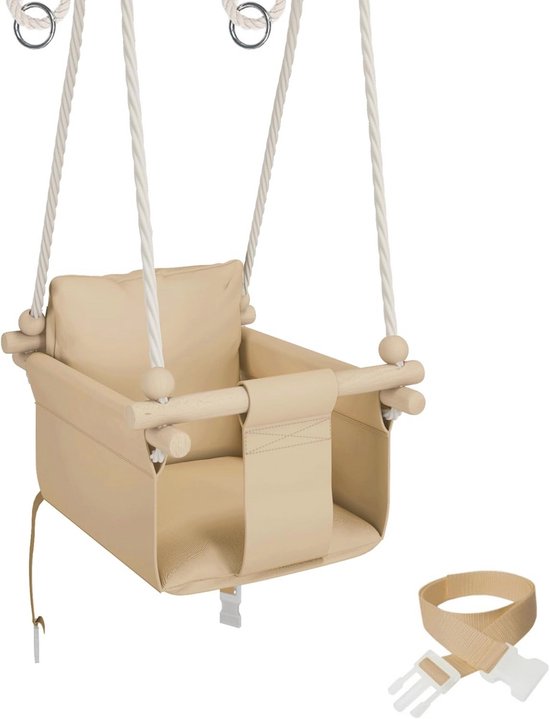 Beige babyschommel met houten spijlen, stoffen zitje en een riem met gesp.