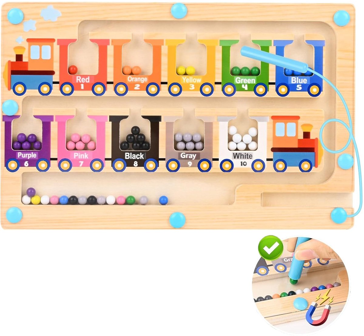 Magnetisch doolhof educatief speelgoed voor kindereHouten Magnetisch Doolhof - Cijfers en Kleuren Sorteren - Educatief Leerplezier - Montessori Speelgoed voor Tellen & Fijne Motoriek - 23 cm - Vanaf 3 Jaar