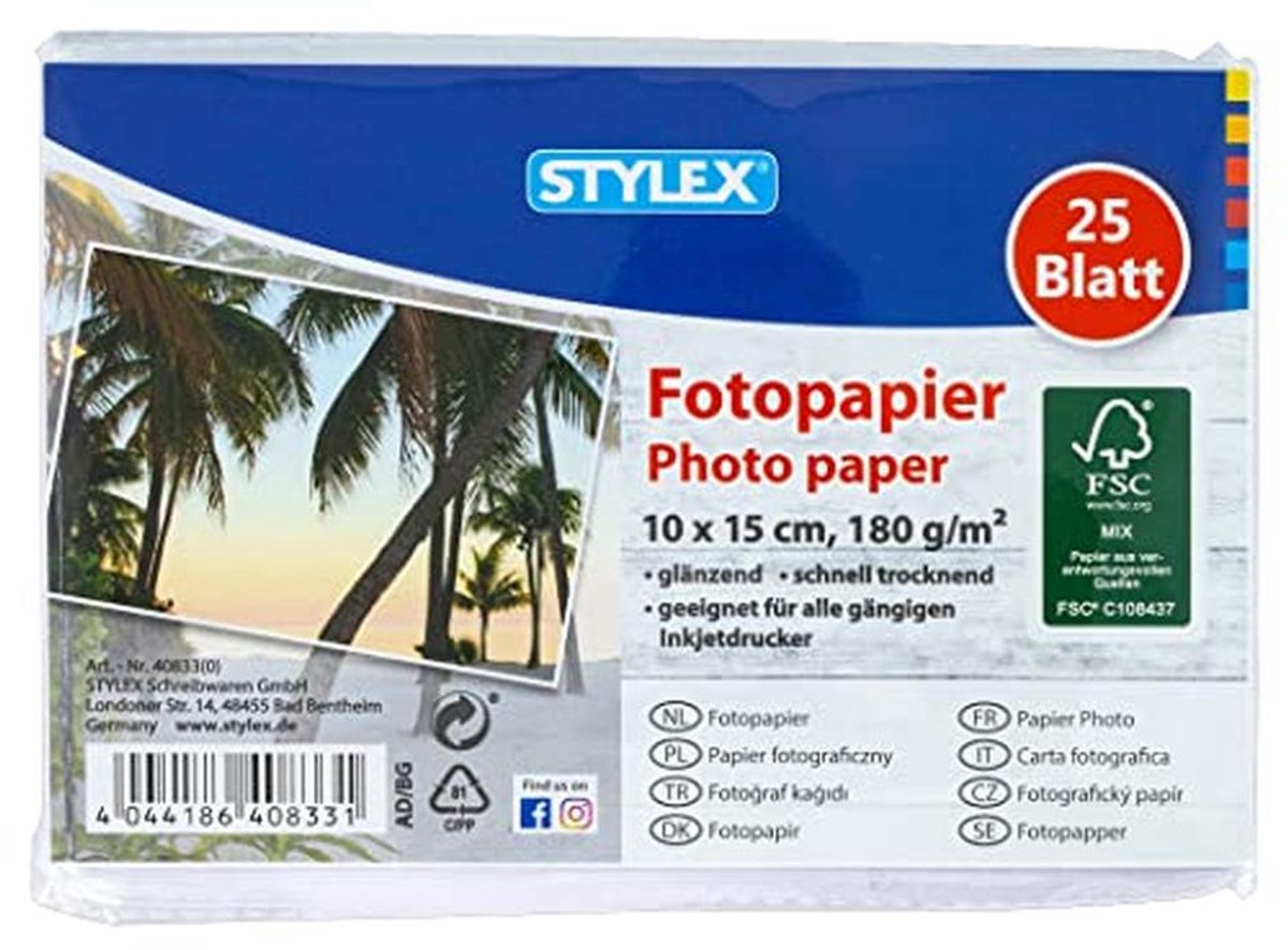 Fotopapier 10x15 cm, 180 g/m², Glanzend, Sneldrogend, FSC-gecertificeerd, 25 vellen