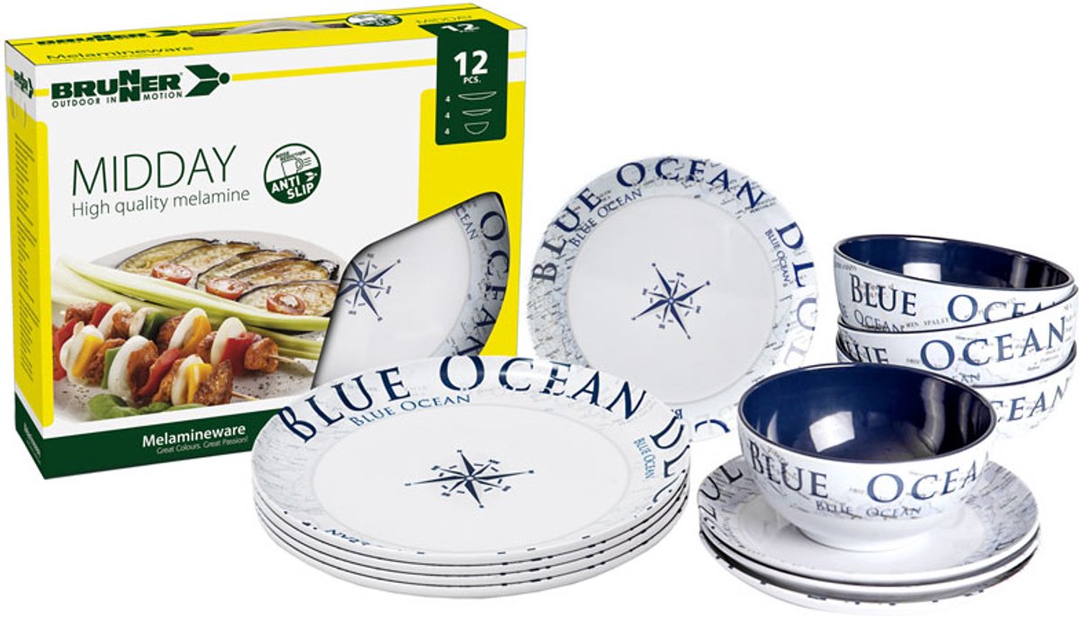 Brunner - Camping Serviesset - Blue Ocean - Midday - 12 delig - Melamine - Vaatwasserbestendig - BPA-vrij