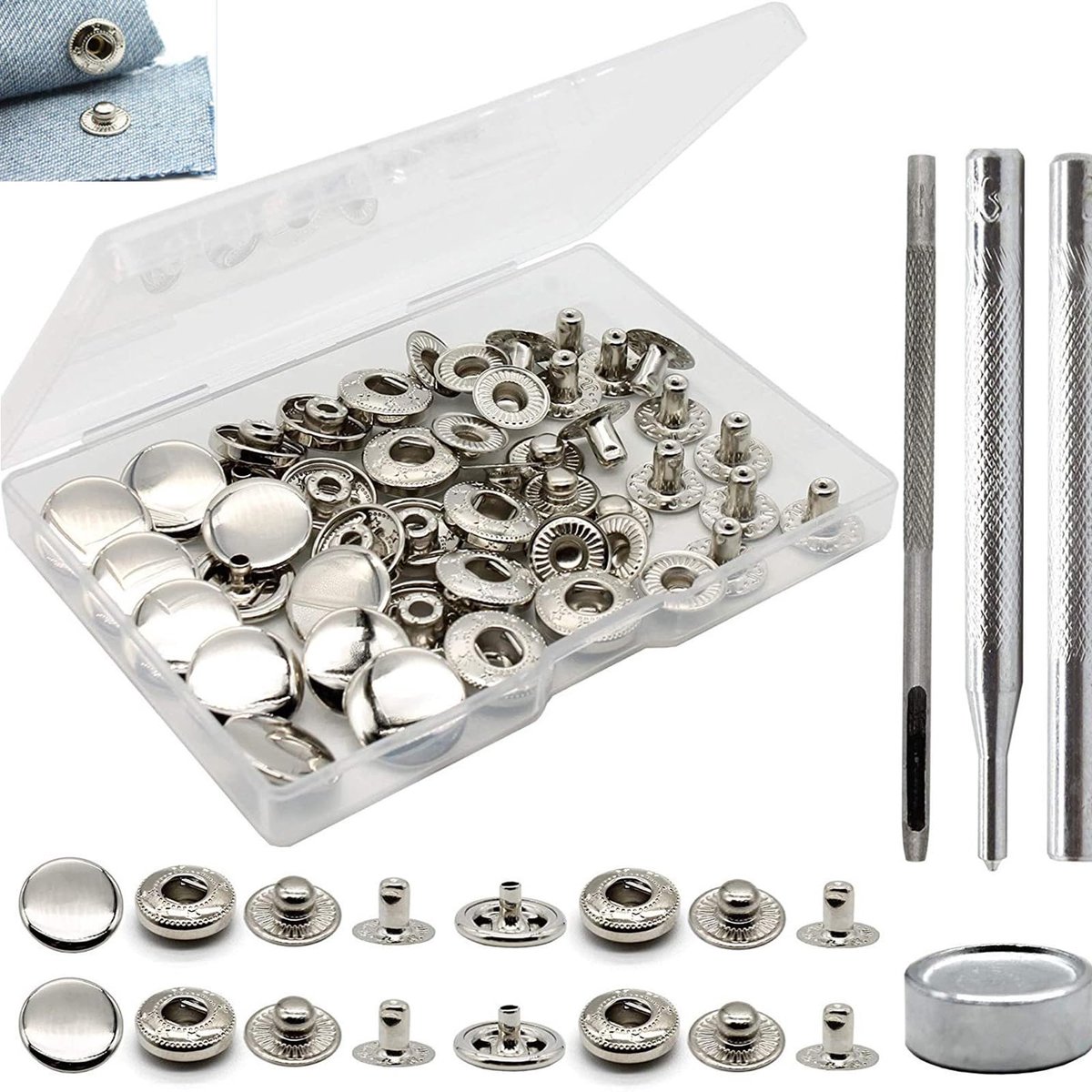 IMPERATORIS® Metalen Drukknoppen Set – Zwaar Uitgevoerde Drukknopen met Setterbasis en Holle Pons – Metalen Knopen voor Kleding, Leer, Jassen, Jeans en Handtassen – Niet Naaien – 15mm – set van 12 – Wit - Metalen drukknopen met bevestigingsset