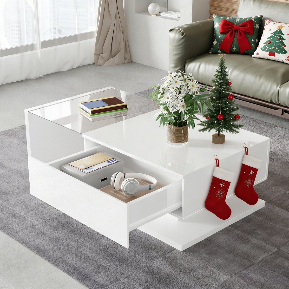 REDOM Salontafel 105x55x32,5 cm van spaanplaat en gehard glas, hoogglans wit met 16-kleurige LED
