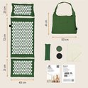 Afmetingen van de groene spijkermat set: mat (72x43cm), kussen (25cm), voetmat (31cm), tas (41x53cm). Inclusief rugsteun & ballen.