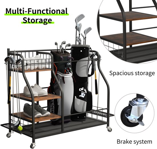 unho Golfopslag Garage Organizer - Golfrek geschikt voor 2 golftassen - Afsluitbare 360°-wielenstandaard - voor binnen en buiten - Opbergruimte voor golfuitrusting met 3 planken - Clubhouder - Ballenmand & haken van Merkloos — afbeelding 3