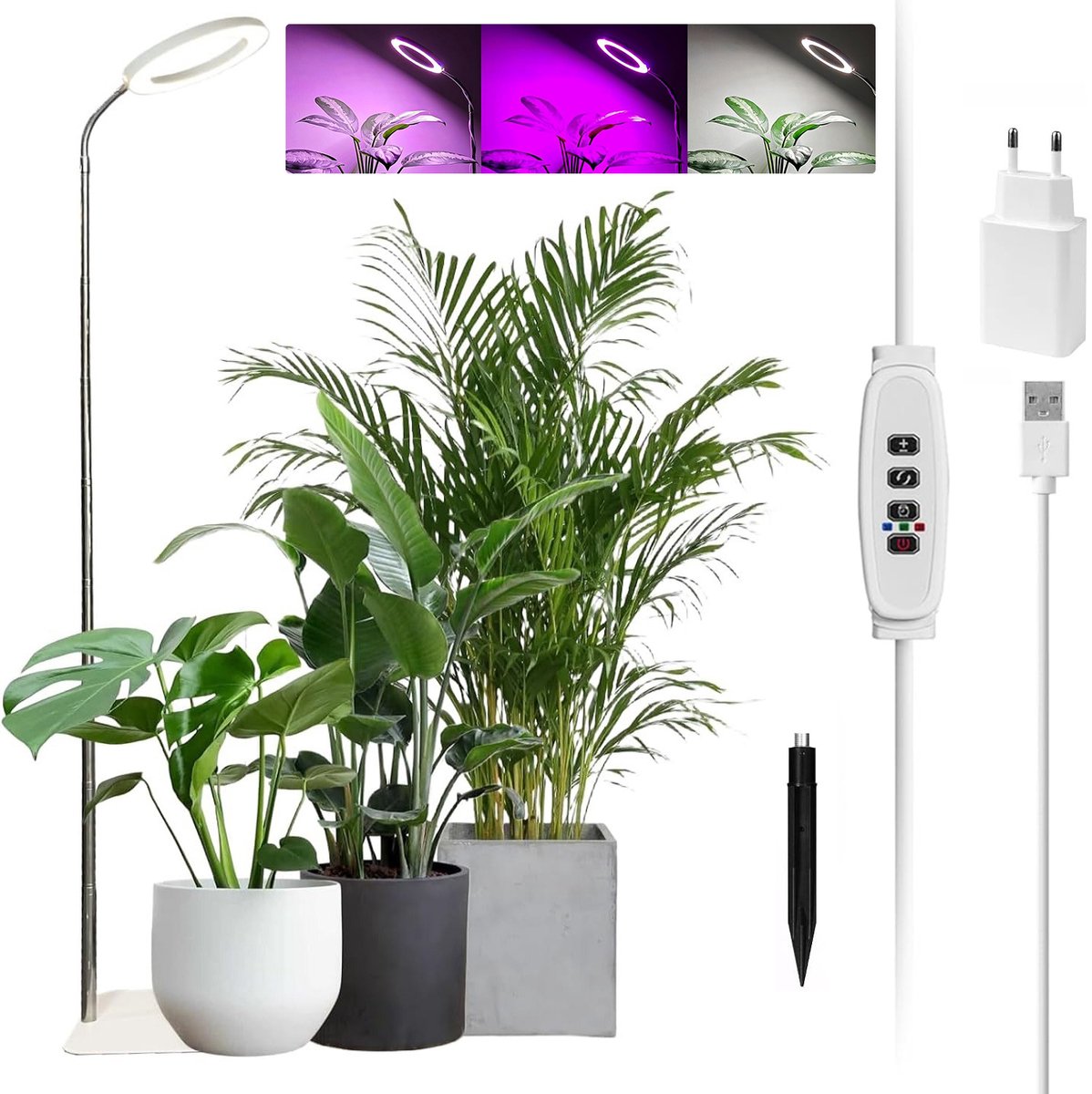 MUPOO LED groeilamp - Kweeklamp full spectrum 10W voor planten - wit verstelbare 155cm binnenlamp met voet, aardpin en EU-adapter - 3 lichtmodi, timer 3/9/12H - voor kamerplanten en kruiden