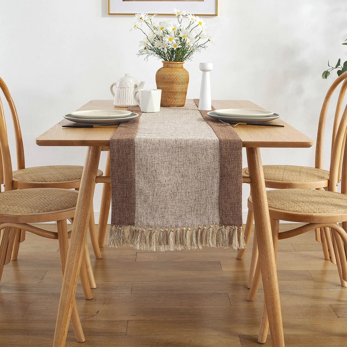 Katoen Linnen Tassels Tafelloper - Beige Bruin 38 x 220 Cm voor Dineren en Dressoir