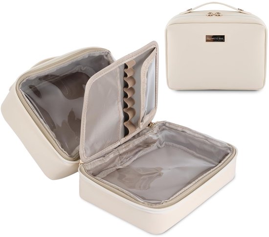 Trousse de Maquillage - Grande Capacité - Cuir PU - Étanche - Met Poignée Et Cloison - Lay Plat - Sac de Voyage Portable Pour Cosmétiques - Organisateur de Maquillage (Wit)
