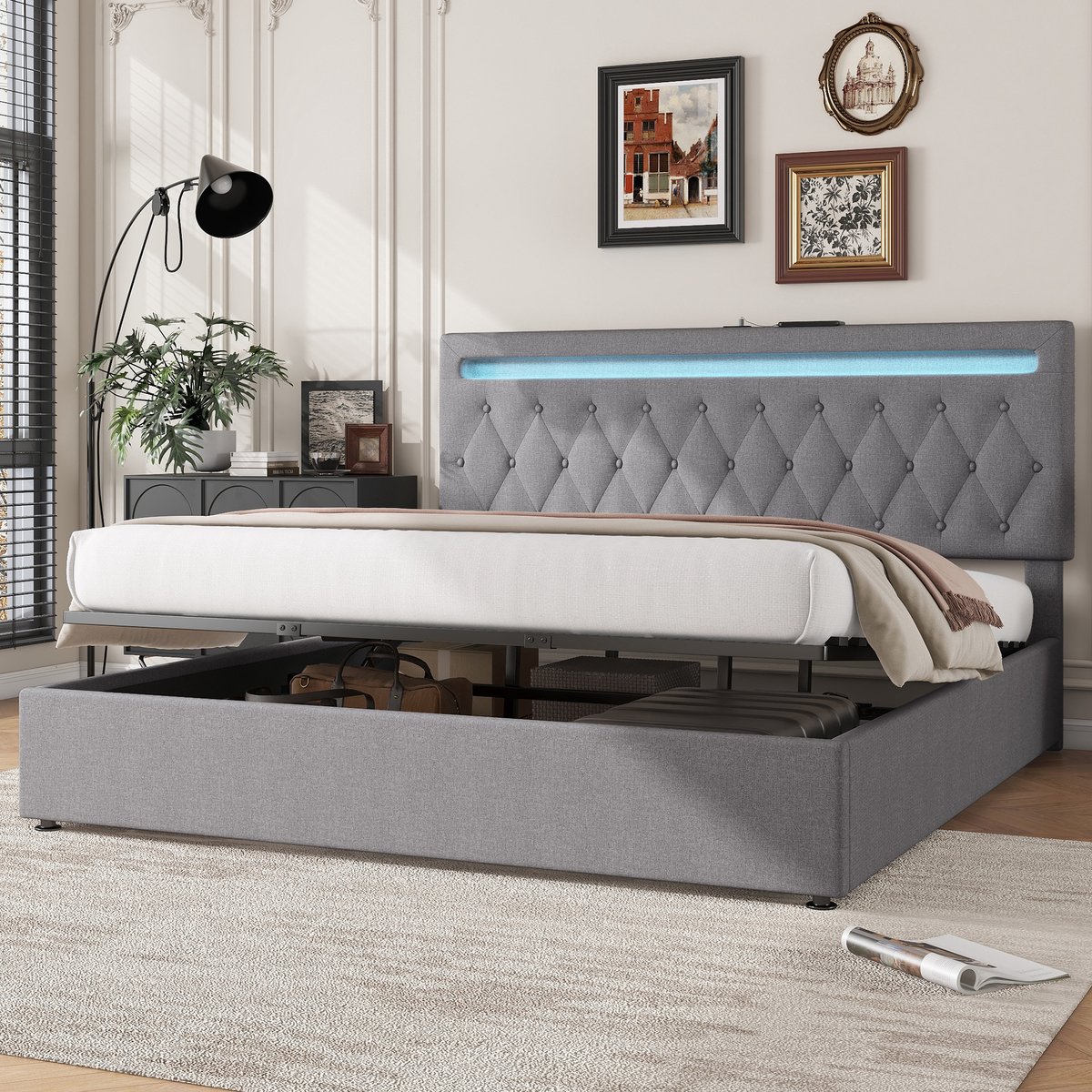 Wishdor Opbergbed 180x200 cm – Met App-gestuurde LED & Hydraulische Lift – Oplaadstation USB-C – Smart & Luxe – Linnen – Grijs