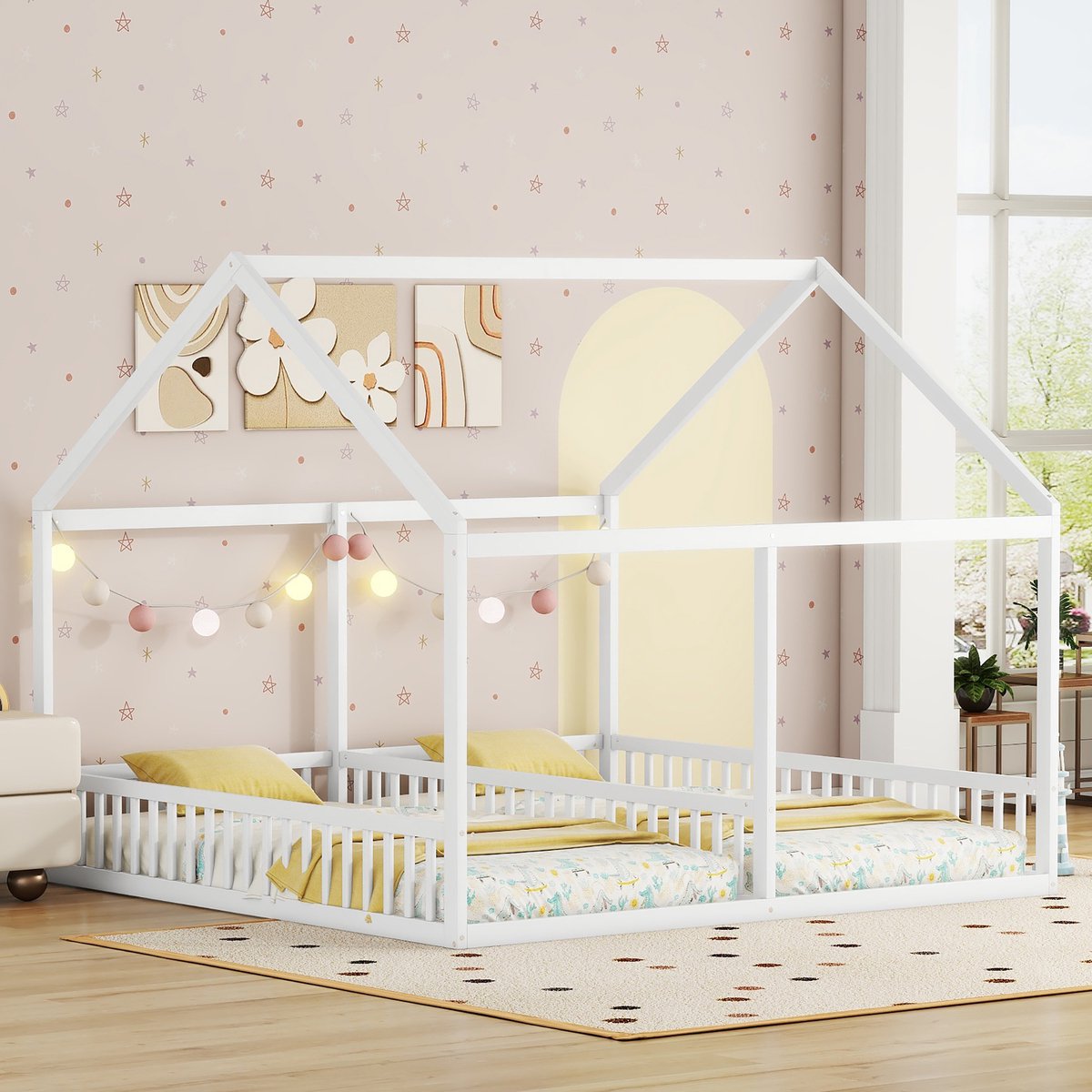 Wishdor 2-in-1 Kinderbed 90x200 cm – Huisbed met Dak & Middenhek – Gezellig & Veilig – Grenen & MDF – Wit