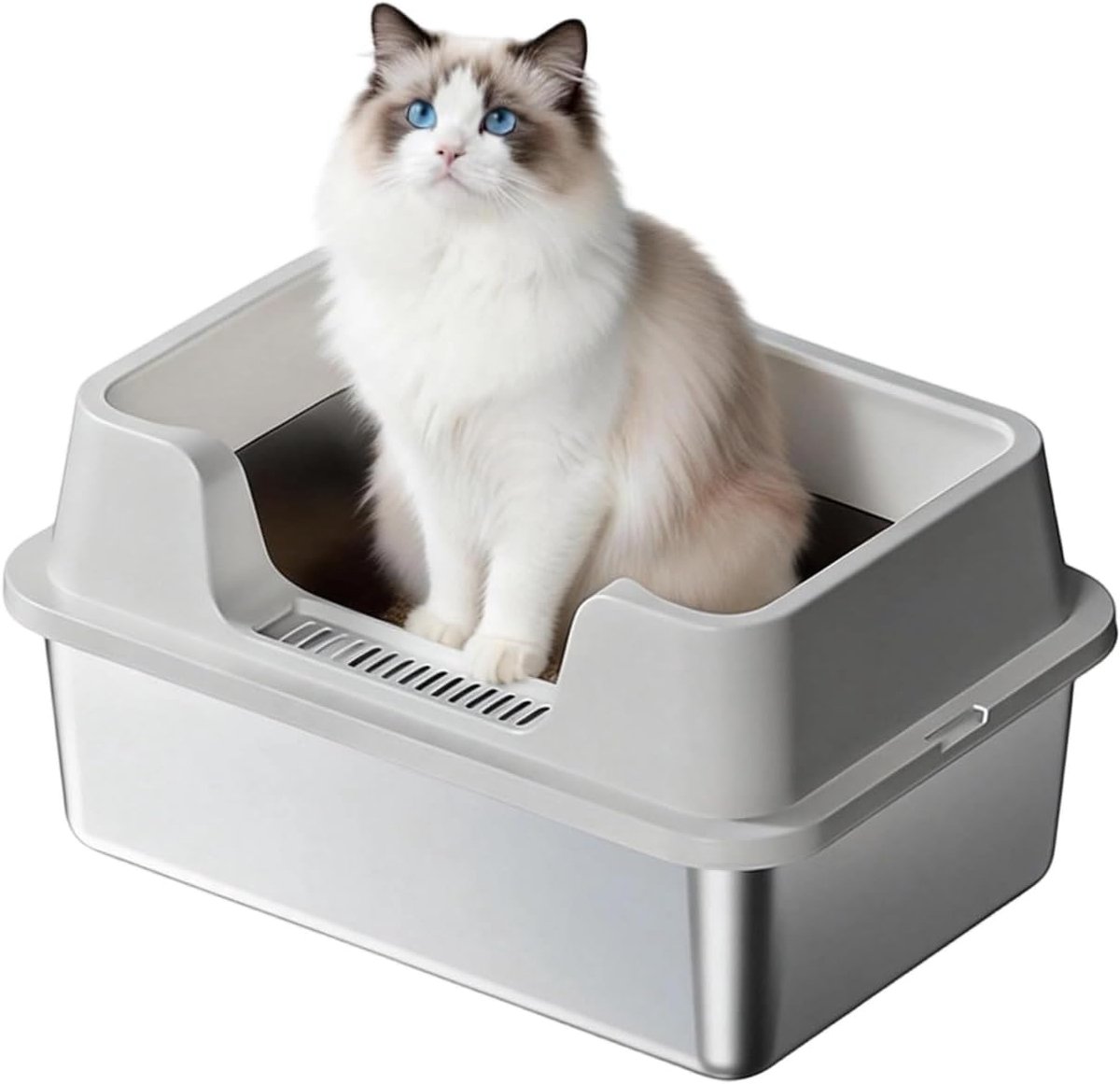 RVS Kattenbak - Kattentoilet Roestvrijstaal - Open Kattenbak - Incl. Kattenbakschep met Houder en Gritopvang Opstapje - 50x35x22cm - Grijs