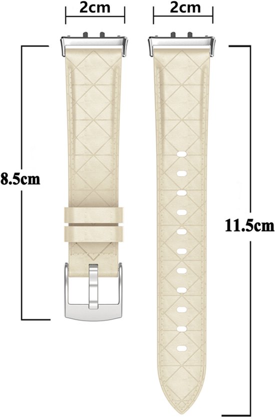 Beige lederen horlogeband met ruitpatroon en zilverkleurige gesp.