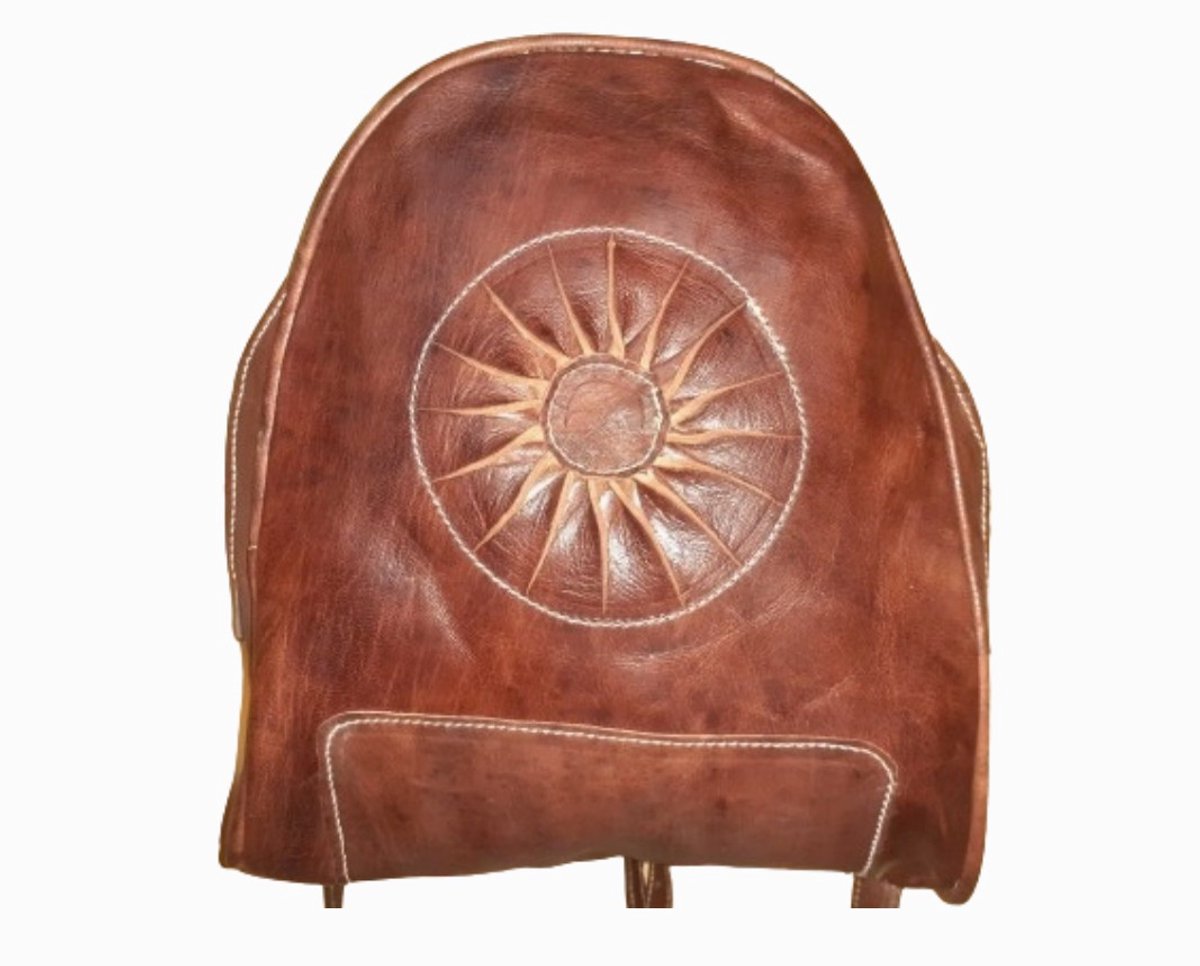 100% Marokkaanse runden leren rugtas - met decoratieve zon - handgemaakt met ritssluiting BRUIN kleur