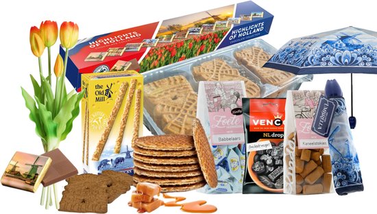 Souvenirs de Holland - Coffret cadeau - 9 cadeaux néerlandais - Stroopwafels - Tulipes en bois - Chocolats - Dans une boîte cadeau néerlandaise