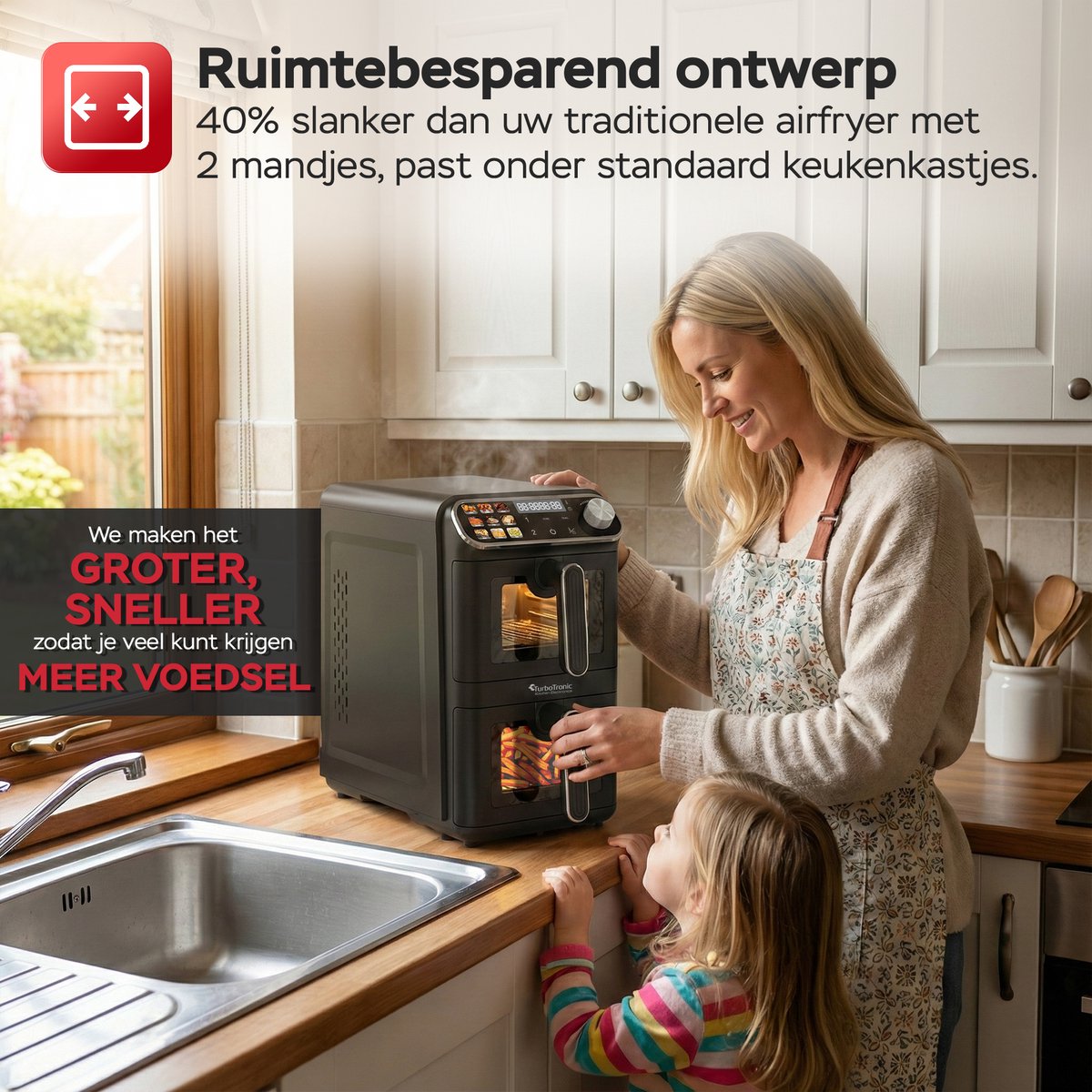 Turbotronic AF510D - Dubbele Airfryer - 11L - Airfryer XXL - Heteluchtfriteuse - Dual Heating - 50ºC tot 200ºC - 6 Kookprogramma's - Zwart — afbeelding 4