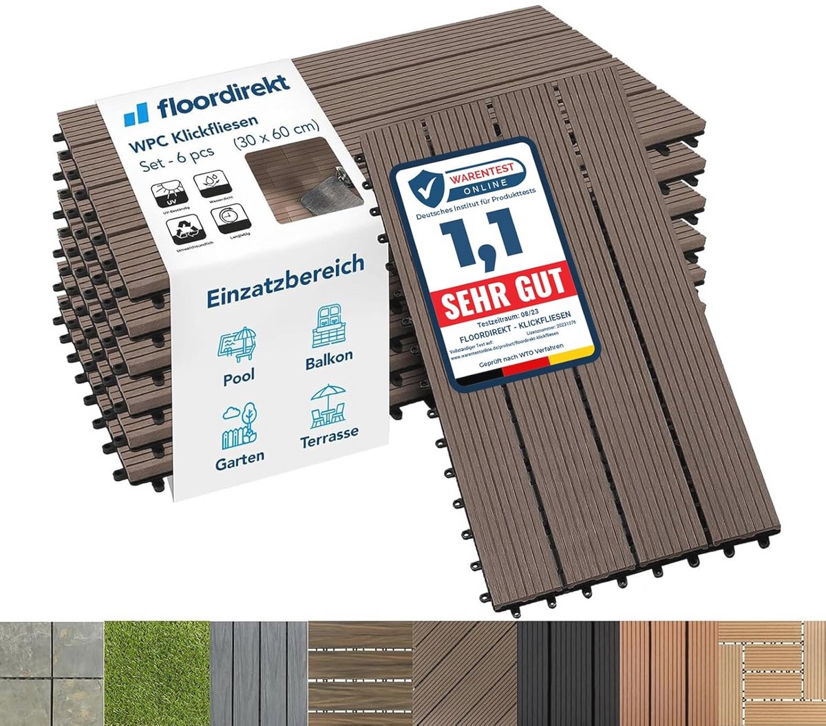 WPC Tegels 60 x 30 cm - 6 Stuks Tuintegels, Kliktegels voor Balkon en Terras, Weersbestendig met Drainagefunctie, Donkerbruin