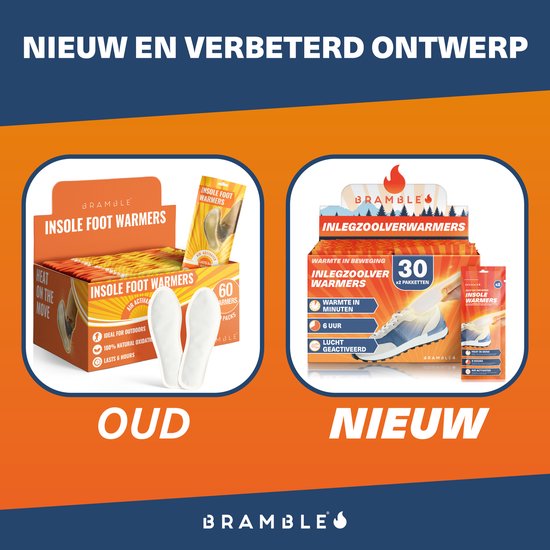 Oud vs Nieuw Bramble inlegzoolwarmers. Nieuw: 30x2 pakketten, warmte in minuten, 6 uur, lucht geactiveerd. Oud: 60 armers, ideal for outdoors, 100% natural, lasts 6 hours.