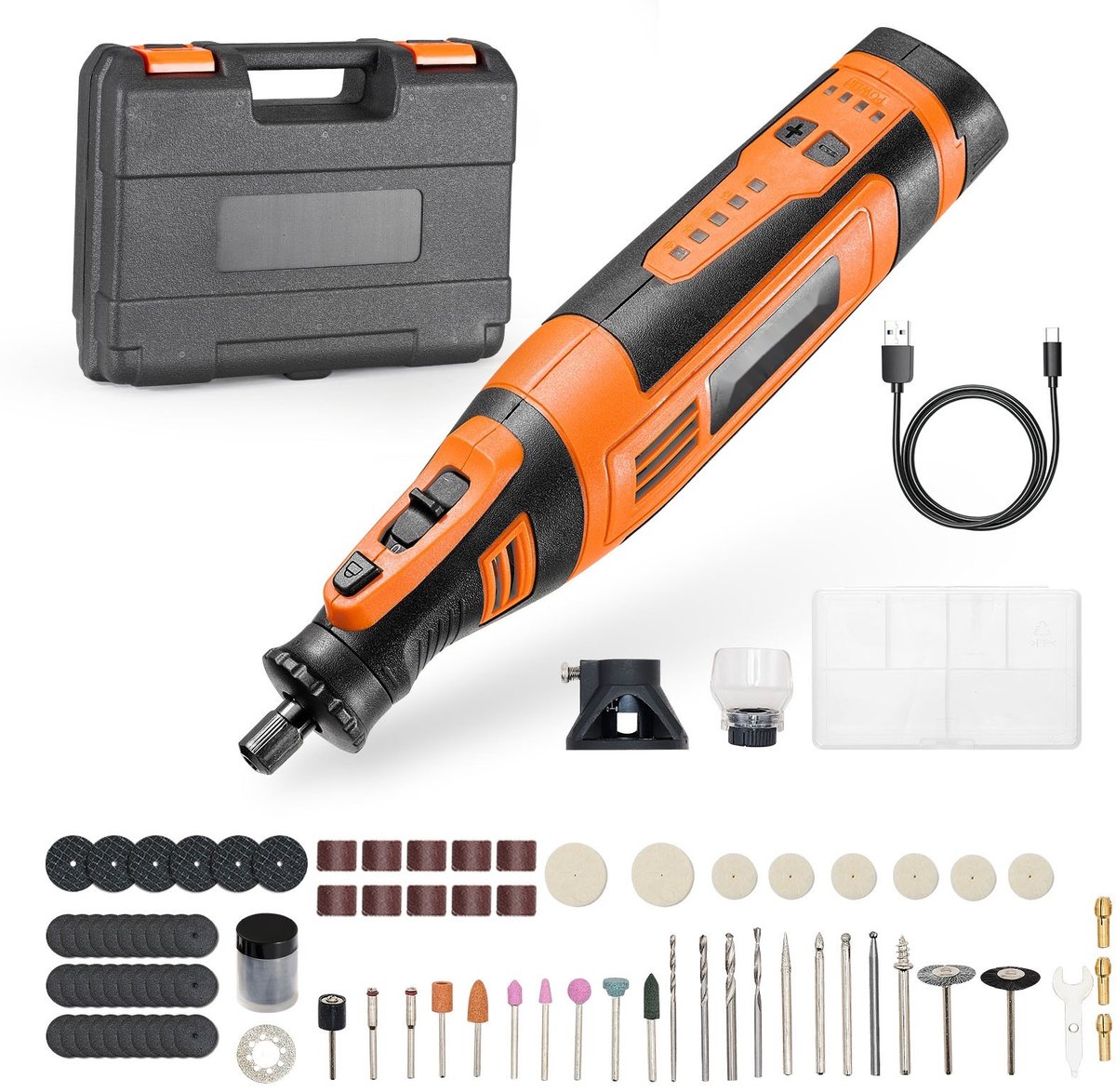 Multitool - Mini Roterend Gereedschap - Accessoireset 136-delig - Vijf Snelheden 5.000–30.000 tpm - Draadloos 8V - Voor Graveren, Slijpen, Polijsten, Snijden