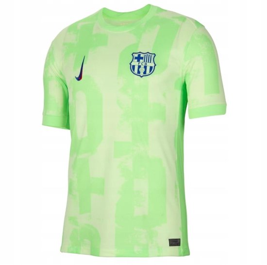 Maillot extérieur FC Barcelone 2024/2025 vert fluo avec imprimé, swoosh Nike et logo du club.