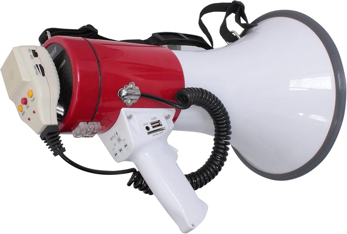 Oplaadbare Megafoon 20W met Opnamefunctie en Handvat - Wit en Rood