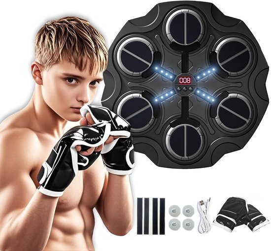 Music boxing machines trainingsdoelen - boksuitrusting voor kinderen - bokshandschoenen - trainingsmat speelgoed - geschikt voor jongens - meisjes - van 3 tot 16 jaar - voor kinderen - smart bluetooth - zwart
