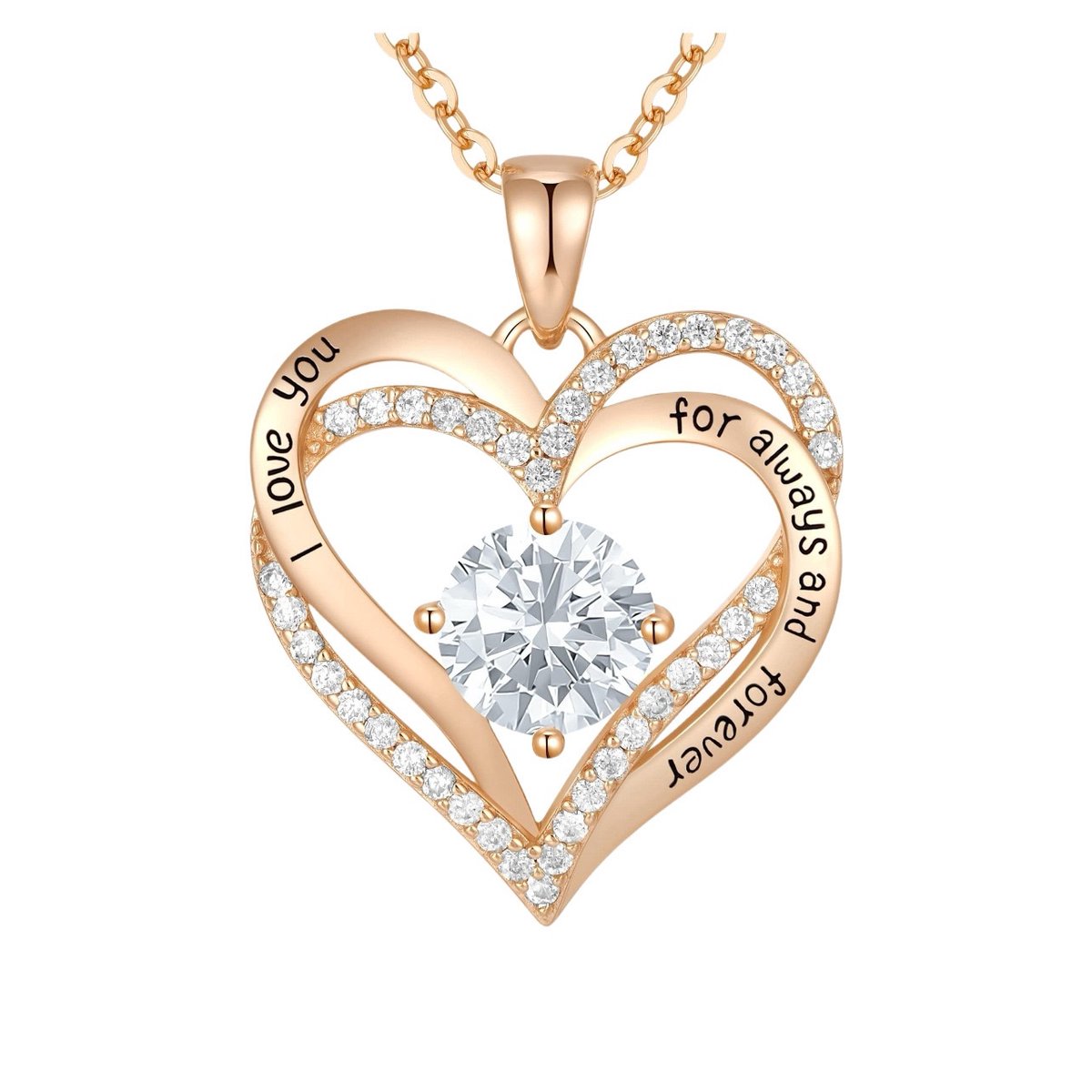 Lumici® | Hart in Hart v2 - I Love You Ketting - ''For Always And Forever'' - Stainless Steel Sieraden - RVS - Hartjes Ketting - Cadeau Voor Vrouwen - Moederdag Cadeau - Dames Ketting - Collier - Valentijn - Liefde - Rose Goud & Zilver - Witte Steen