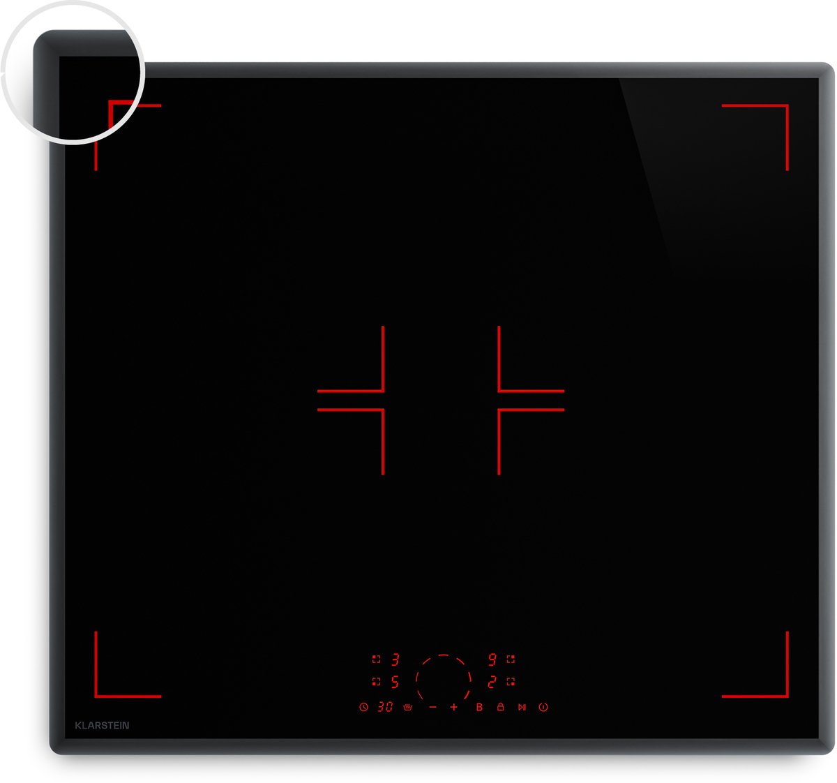 Klarstein Inductiekookplaat RedFlame - elektrische kookplaat met 4 zones, 7000 W boost, touchslider, ThermoRecall, timer, kinderslot, oververhittingsbeveiliging, keramisch glas, 52cm - Kookveld - Glaskeramiek Restwarmte-Indicator