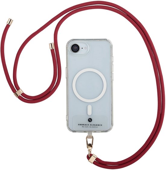 Cordon de téléphone rouge avec détails dorés, attaché à une coque de téléphone transparente.