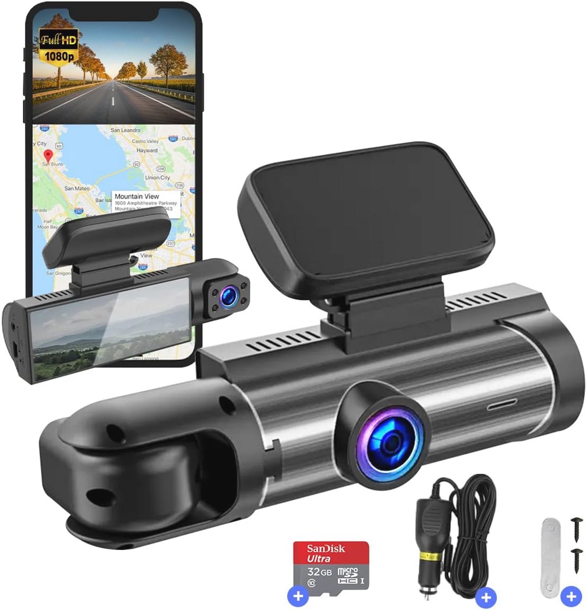 Dashcam voor auto - Dual Lens - WIFI & APP - Full HD - 170° Groothoek - Beweging Detectie & Parkeer Modus - G-Sensor - Loopopname - Micro SD 32GB