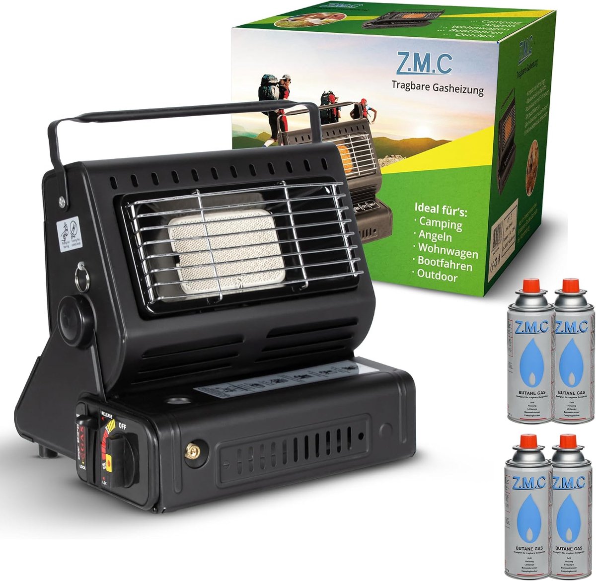 Z.M.C 2-in-1 draagbare gaskachel en gasfornuis + 4 gaspatronen 227 g, keramische campingkachel 1,7 kW, gaskachel voor buiten en terrassen, tuin & balkon, mobiele straalkachel met piëzo-ontsteking