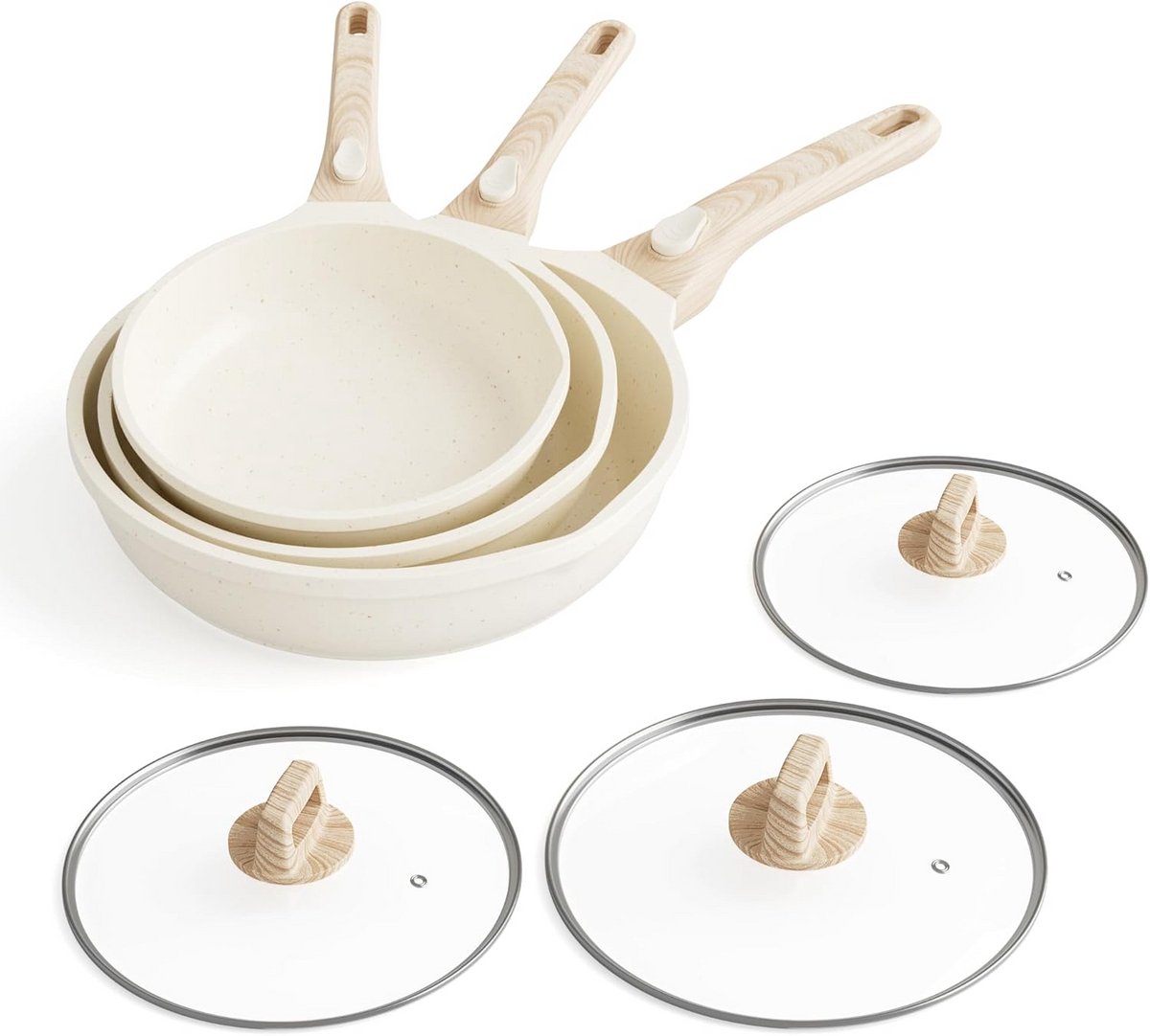Inductie Antiaanbakpan Set met Afneembare Handgreep en Deksels - 5 Stuks Beige