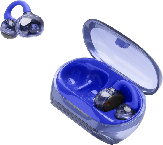 Blauwe JBL oordopjes met oorclips in een open blauwe oplader.