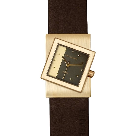 Gouden vierkant horloge met bruine lederen band, zwart en goudkleurige wijzerplaat.