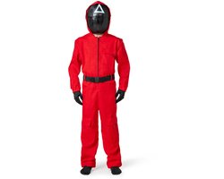 Kinder game kostuum – Rood Pak met Masker, Handschoenen en Riem - Halloween – Maat 122/128