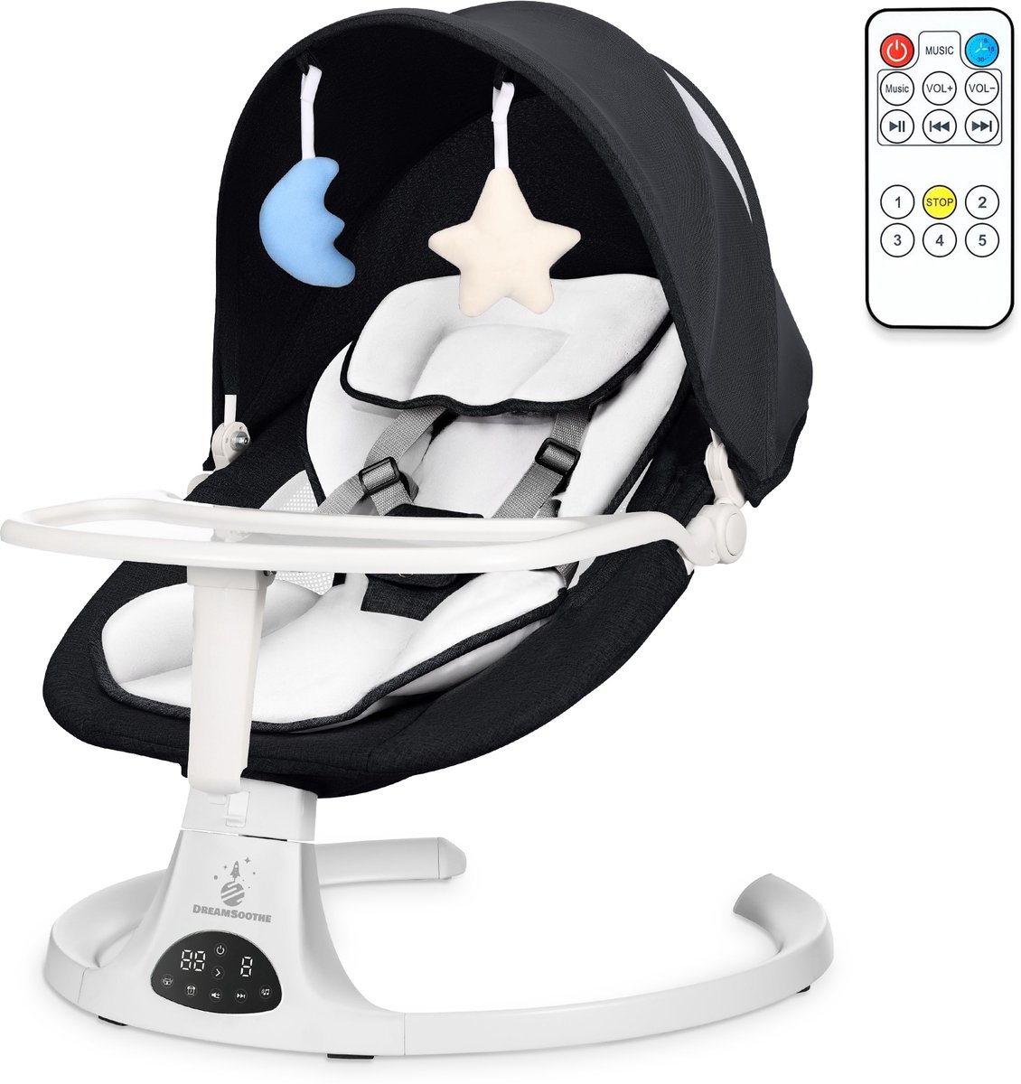 DreamSoothe® - Baby Swing - Elektrische Babyschommel - Automatische Wipstoel voor je Baby - Schommelstoel - Babyswing - Uitneembare Wasbare Wipstoelhoes-zwart\wit