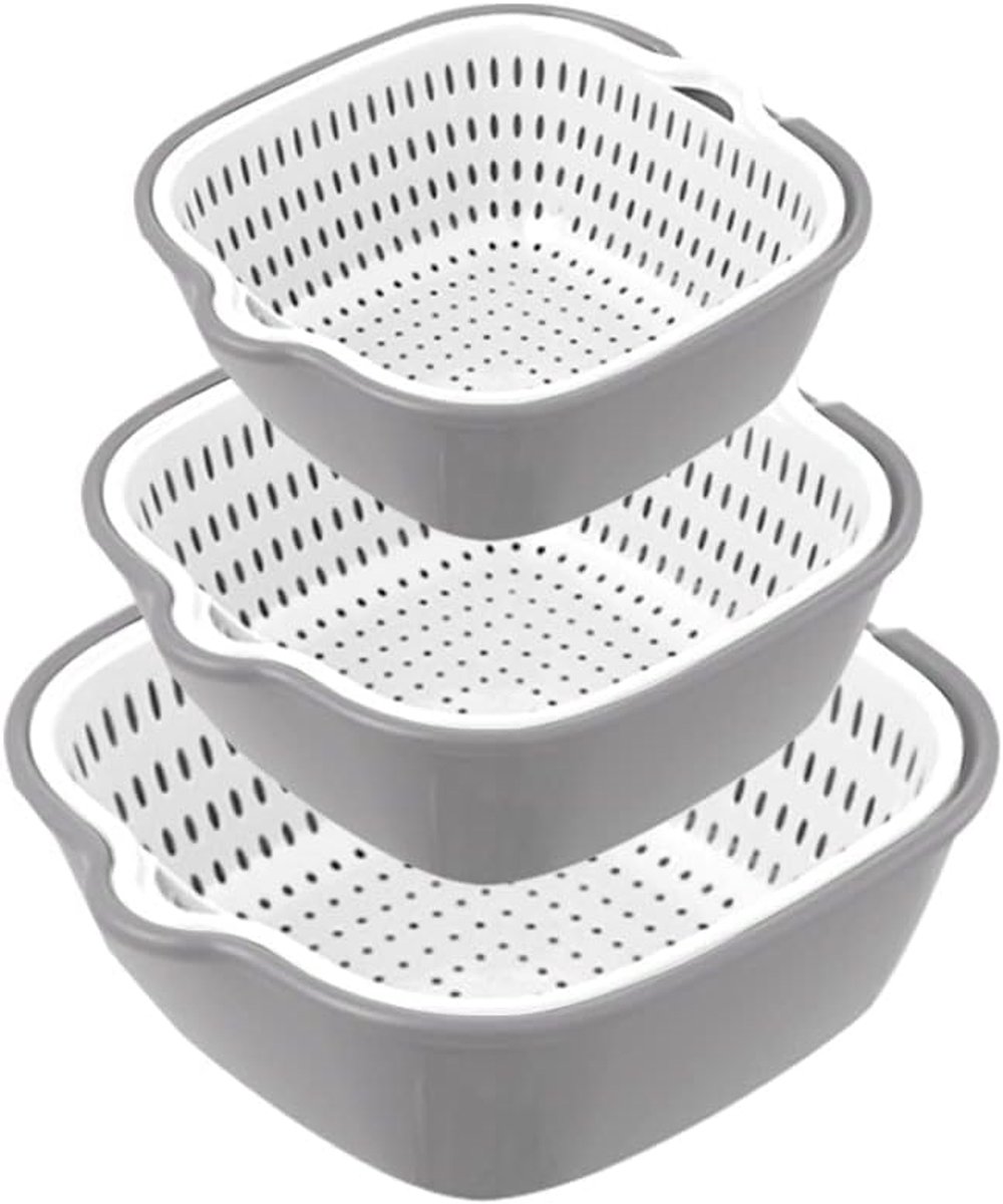 Groentewasmand - Keukenafdruiprekset - Fruitmand - Stapelbare groentewasbak met meerdere lagen - Met zeef - Geschikt voor het wassen van groenten en fruit - Gebroken wit