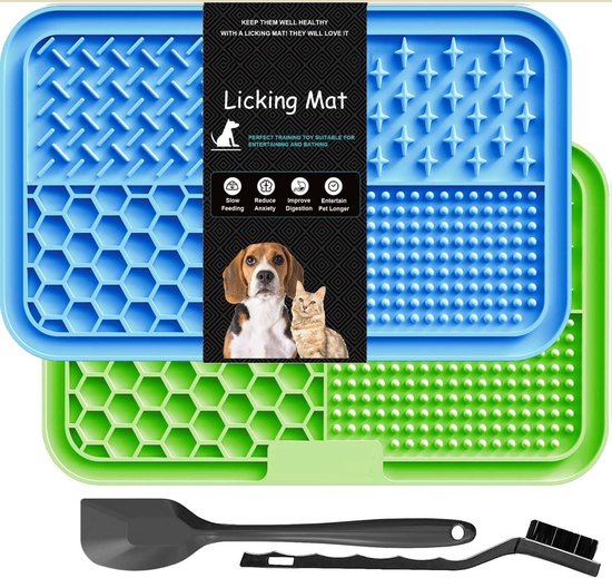 Tapis d'alimentation bleu et vert avec différents motifs. L'emballage montre un chien et un chat.