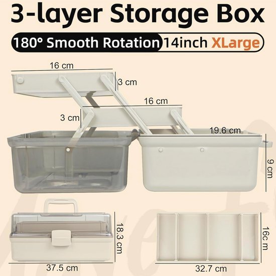 Creahaus 35,6 cm 3-laags multifunctionele opbergdoos met compartimenten - organizer voor handwerk, gereedschap, medicijnen en haaraccessoires - naaidoos met 2 trays (bruin