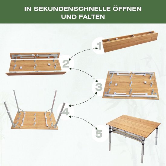 Inklapbare bamboe campingtafel - 100 x 60 cm, hoogte verstelbaar, met 4 opvouwbare aluminium poten voor outdoor activiteiten — afbeelding 2