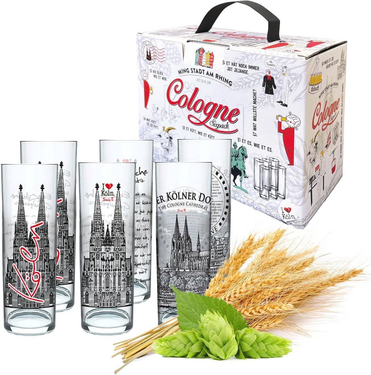 Set van 6 Kölner Kölschglazen - Kleurvolle Bierglazen met Print