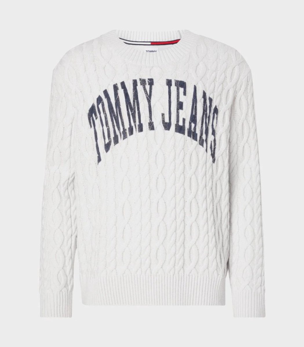 Tommy Jeans TJM Rlxd Collegiate Sweater Kabel met print Licht Grijs