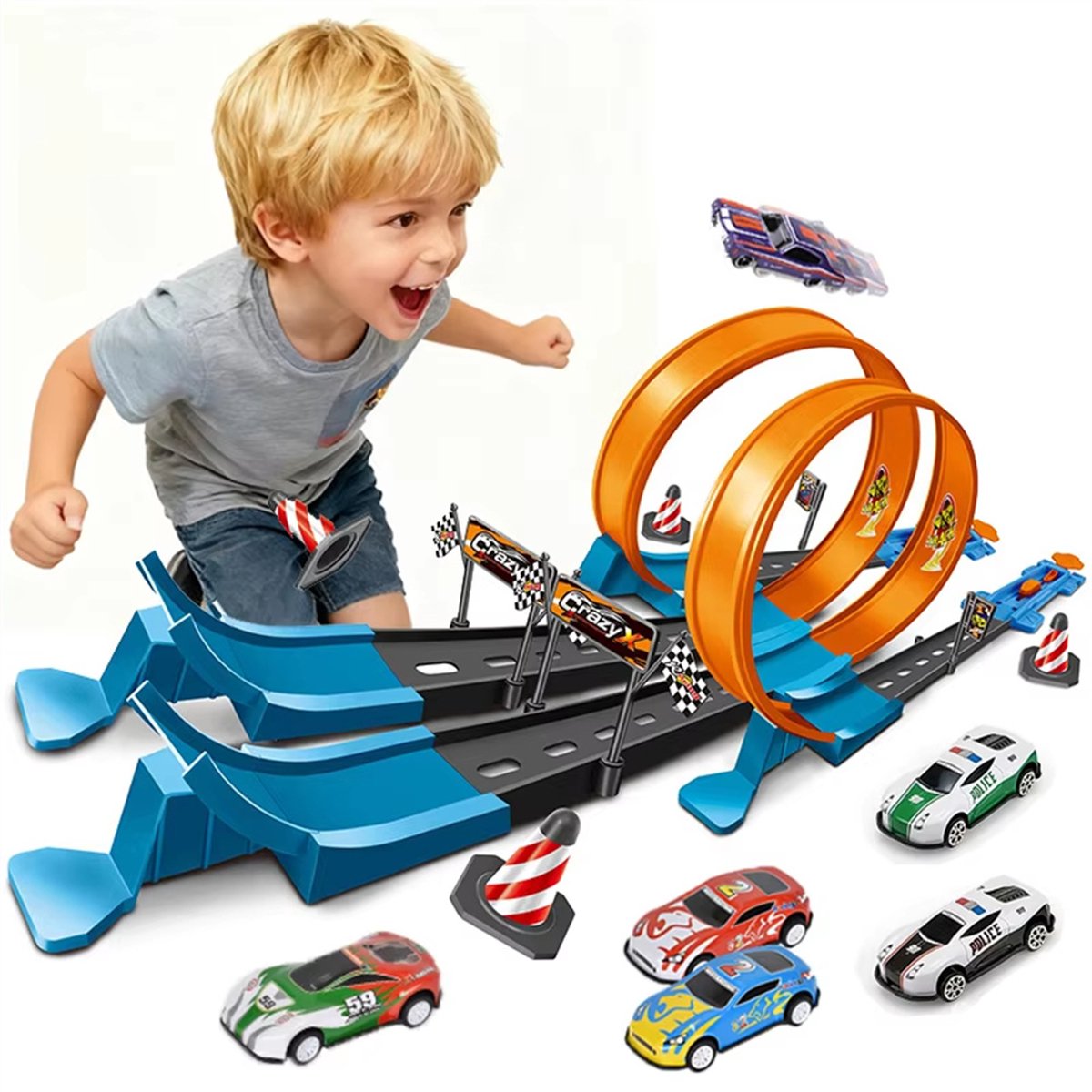 40-delige speelgoedautoset met dubbele rails, katapult-treinwagenracespeelgoed, zelfgebouwde racebaanset met 4 raceauto's, educatief en interactief speelgoed, voor jongens en meisjes, kerstcadeau voor verjaardagscadeaus