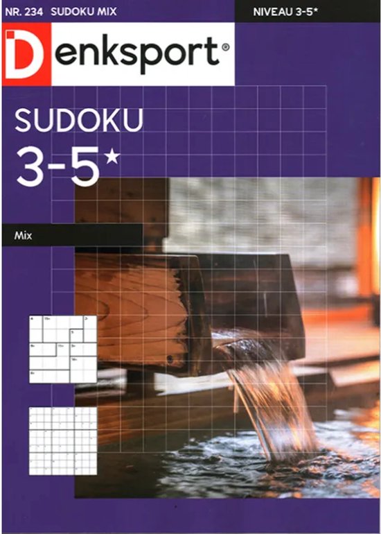 Denksport Sudoku Mix 3-5*, met een afbeelding van water dat over hout stroomt.