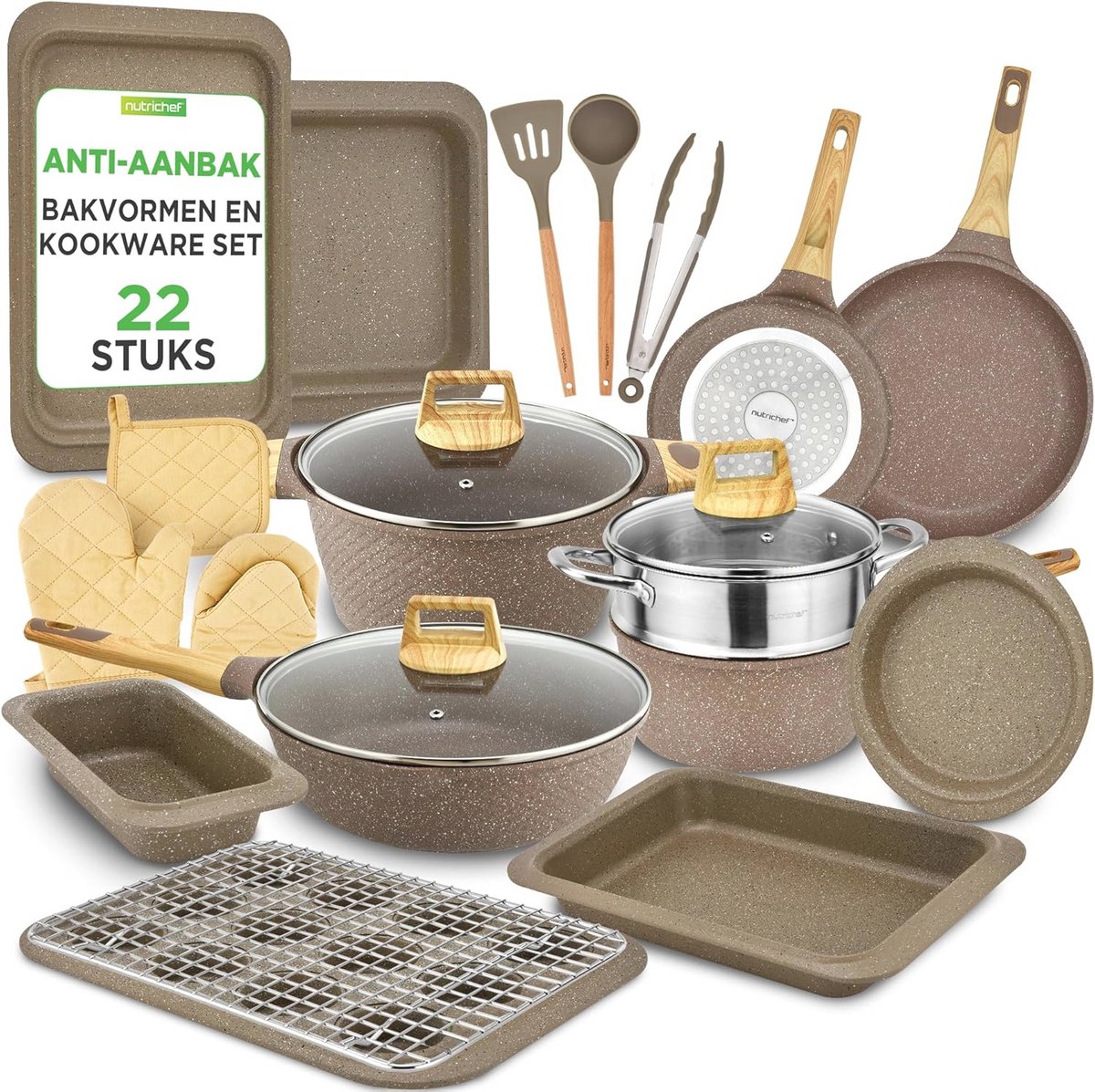 Set van 22 Professionele Keukentools en Bakgerei - Zwart Marmer Anti-aanbak