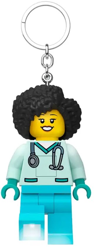 Lego dokter sleutelhanger met zwart krullenkapsel, lichtblauwe jas en turquoise broek.