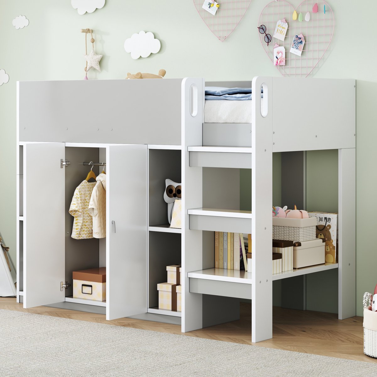 MODFU Bedframe 90x200 cm van massief hout en spaanplaat – grijs/wit – met kast, planken en ladder – hoogslaper