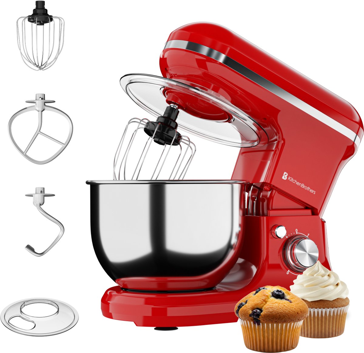KitchenBrothers Keukenmachine - Keukenrobot - 5L - Keukenmixer - 1200W - Rood